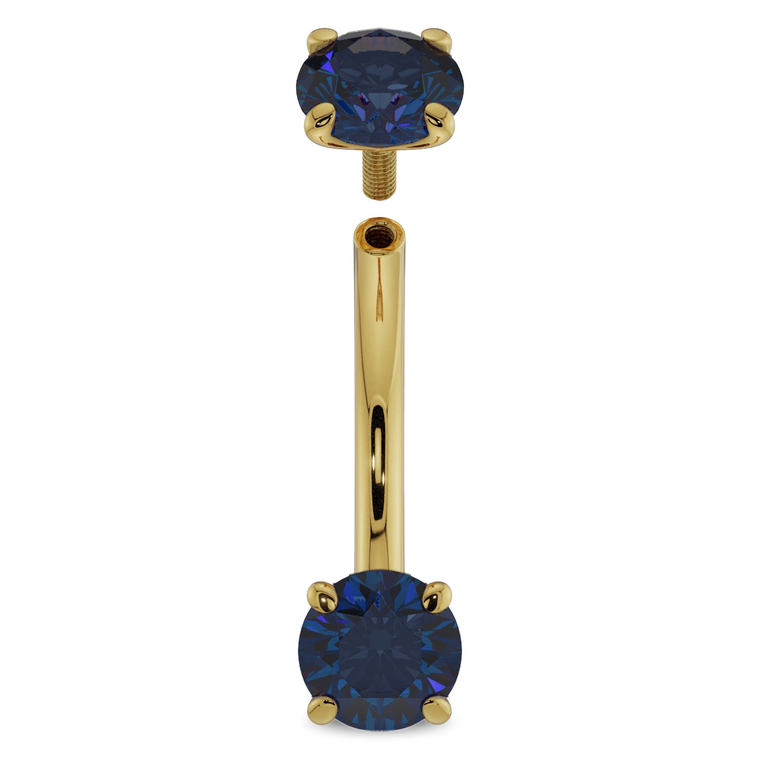 Internally Threaded Gold Blue Sapphire Prong-Set Eyebrow Rook Belly Curved Barbell