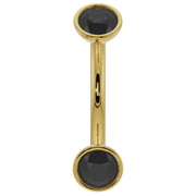 14k yellow gold curved barbell with dual bezel-set black diamonds, flat front view
