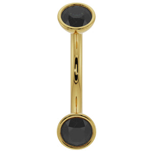 14k yellow gold curved barbell with dual bezel-set black diamonds, flat front view