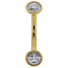 14k yellow gold diamond bezel-set curved barbell with two round diamonds, front view