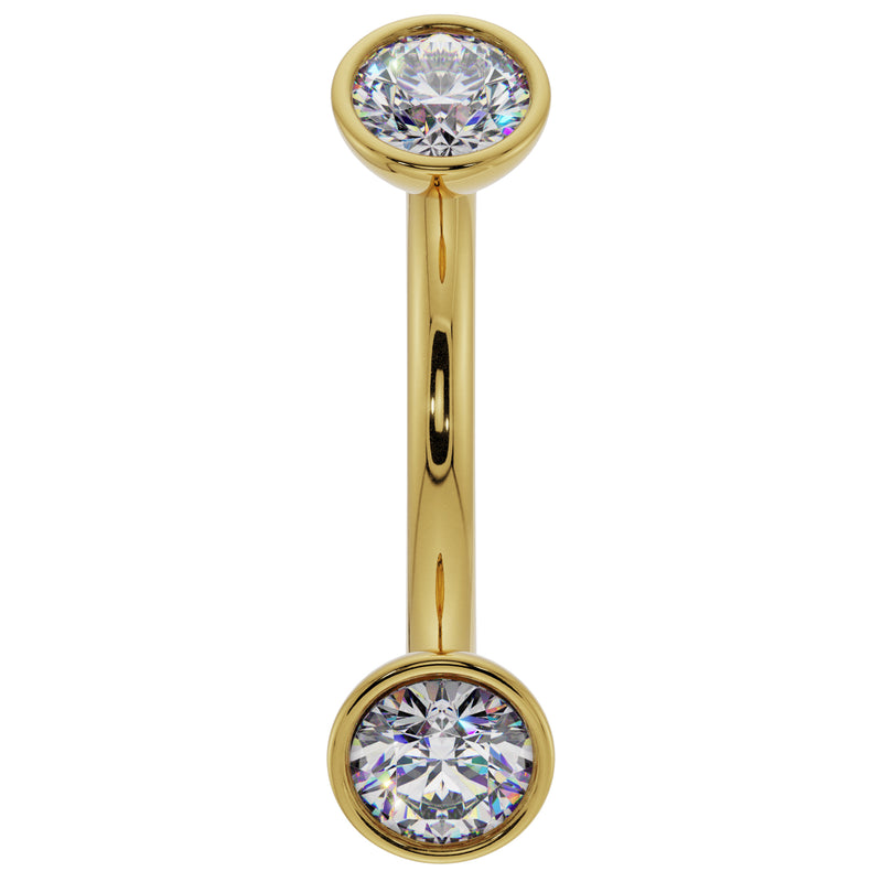 14k yellow gold diamond bezel-set curved barbell with two round diamonds, front view