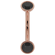 14k rose gold curved barbell with dual bezel-set black diamonds, front view