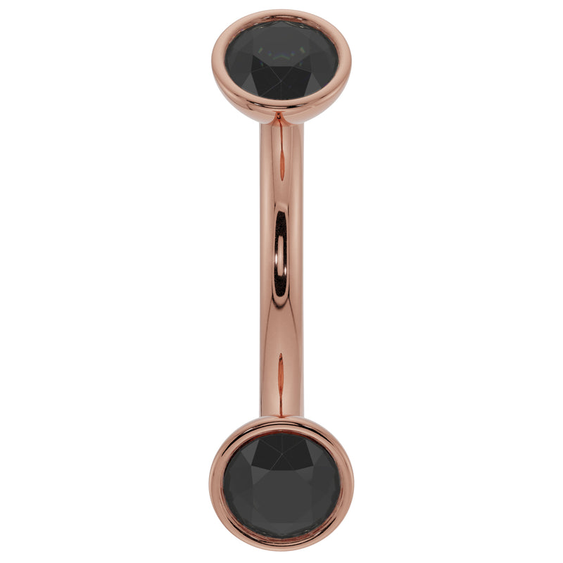 14k rose gold curved barbell with dual bezel-set black diamonds, front view