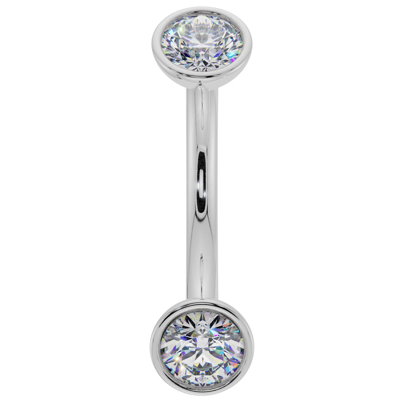 14K white gold CZ bezel-set curved barbell with dual round CZ stones, front view