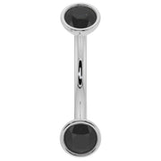14k white gold curved barbell with dual bezel-set black diamonds, front view