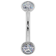 14k white gold 14G curved barbell with larger 3mm bezel-set CZ ends, front view