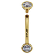 14k yellow gold 14G CZ curved barbell shown disassembled, revealing internal threading detail