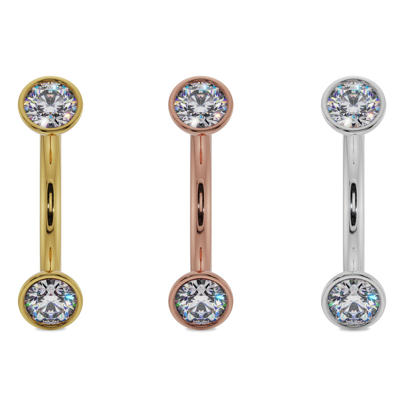 CZ bezel-set curved barbell shown in all three 14K gold colors: yellow, rose, and white gold