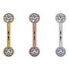 14G CZ bezel curved barbell in yellow, rose, and white gold shown side by side for color comparison