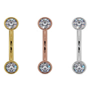 14G CZ bezel curved barbell in yellow, rose, and white gold shown side by side for color comparison