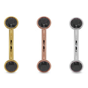 Black diamond bezel curved barbell in all three 14k gold options: yellow, rose, and white gold
