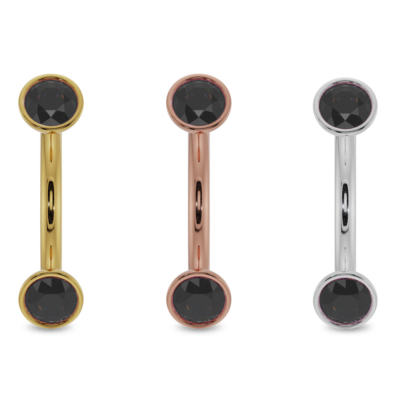 Black diamond bezel curved barbell in all three 14k gold options: yellow, rose, and white gold