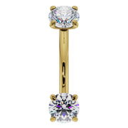 14k yellow gold CZ prong-set curved barbell, front view showing dual round CZ in prong settings