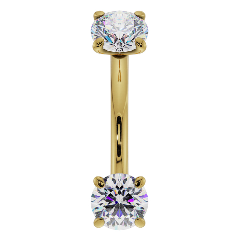 14k yellow gold CZ prong-set curved barbell, front view showing dual round CZ in prong settings