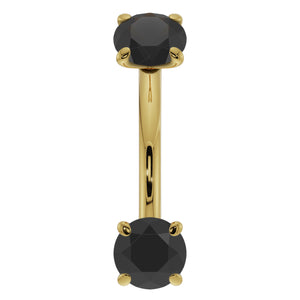 14k yellow gold black diamond curved barbell, front view with dual prong-set round diamonds