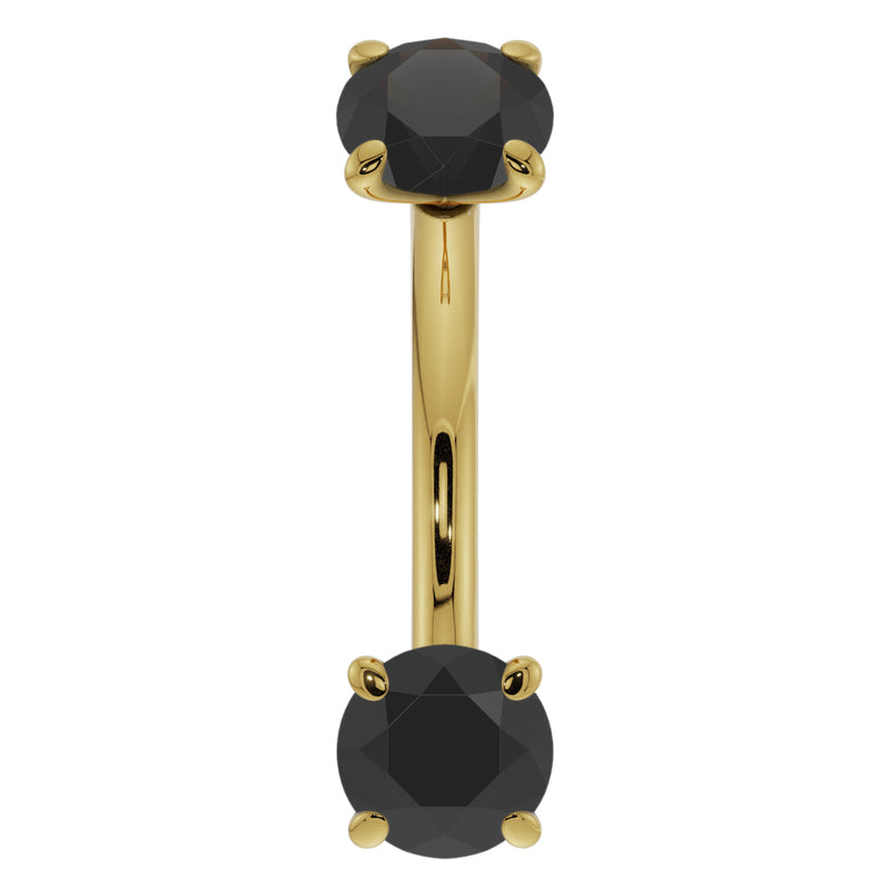 14k yellow gold 14G curved barbell with larger 3mm prong-set black diamonds, front view