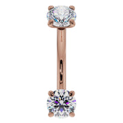 14k rose gold dual CZ prong-set curved barbell, front view with sparkling round stones