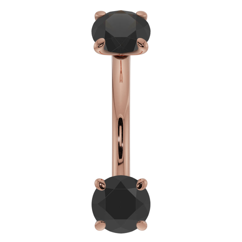 14k rose gold black diamond curved barbell, front view with dual prong-set round diamonds