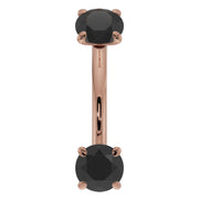 14k rose gold 14G black diamond curved barbell with 3mm prong-set stones, front view