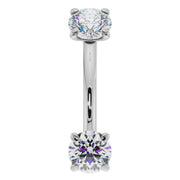 14k white gold dual CZ prong-set curved barbell, front view with sparkling round stones