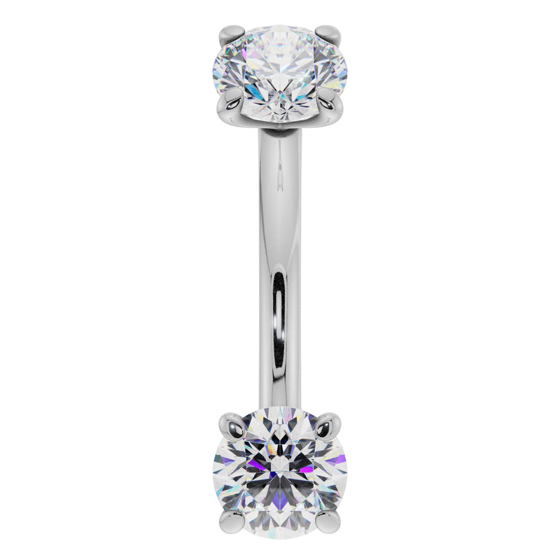 14k white gold dual CZ prong-set curved barbell, front view with sparkling round stones