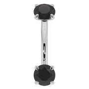 14k white gold black diamond curved barbell, front view with dual prong-set round diamonds