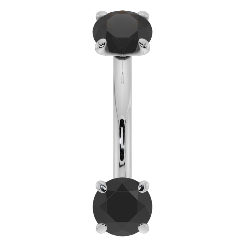 14k white gold black diamond curved barbell, front view with dual prong-set round diamonds
