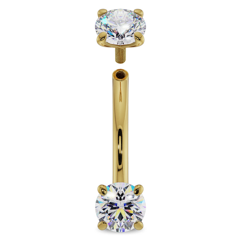 14k yellow gold CZ curved barbell disassembled showing internal threading and screw-off top end