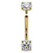 14k yellow gold 14G curved barbell with top end unscrewed, showing threaded post and larger diamonds