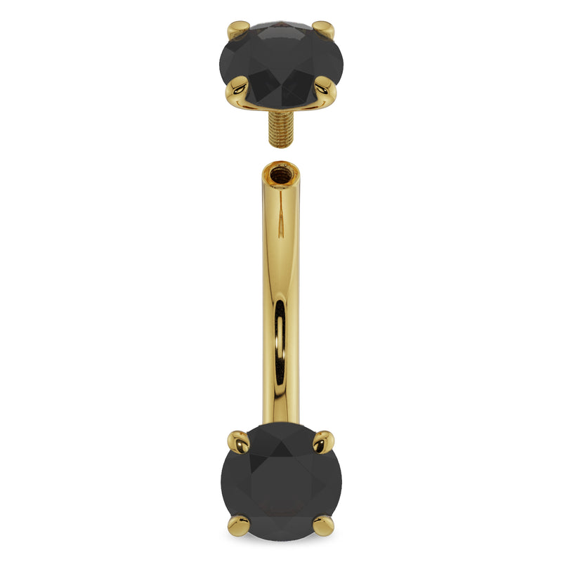 14k yellow gold black diamond curved barbell disassembled, showing internally threaded post and top ball