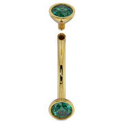 14k yellow gold 14G emerald curved barbell disassembled, showing threaded top end detail