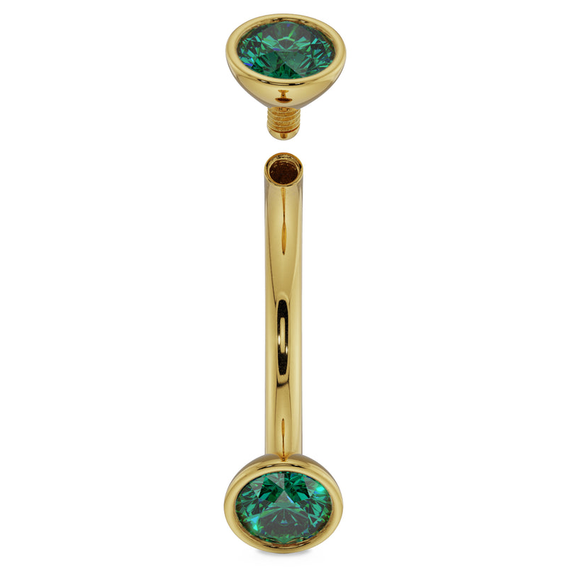 14k yellow gold 14G emerald curved barbell disassembled, showing threaded top end detail