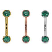 14G emerald bezel curved barbell in yellow, rose, and white gold shown side by side for comparison