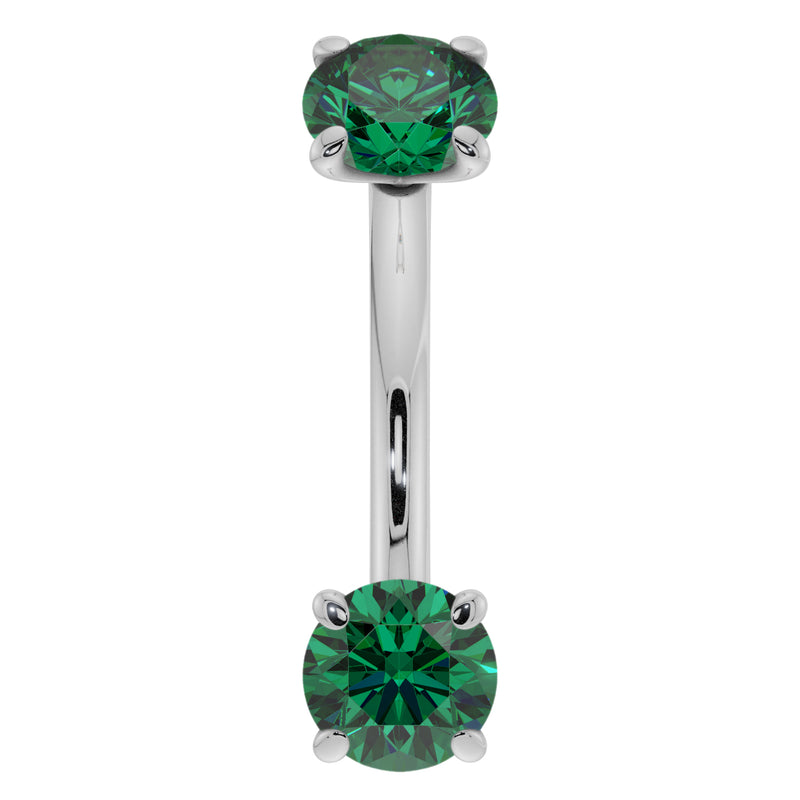 14k white gold emerald curved barbell with dual prong-set green emeralds, front view