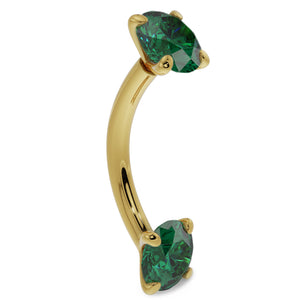 14k yellow gold emerald curved barbell, side profile showing dual prong-set stones and banana curve