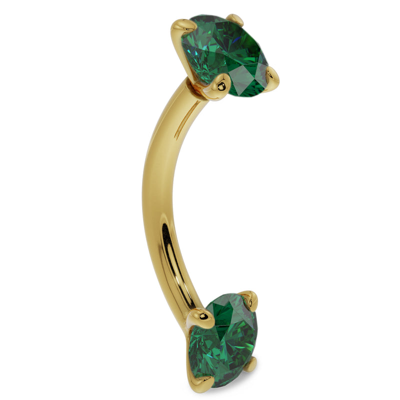 14k yellow gold emerald curved barbell, side profile showing dual prong-set stones and banana curve