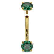 14k yellow gold emerald curved barbell shown disassembled, revealing threaded post and screw-on top