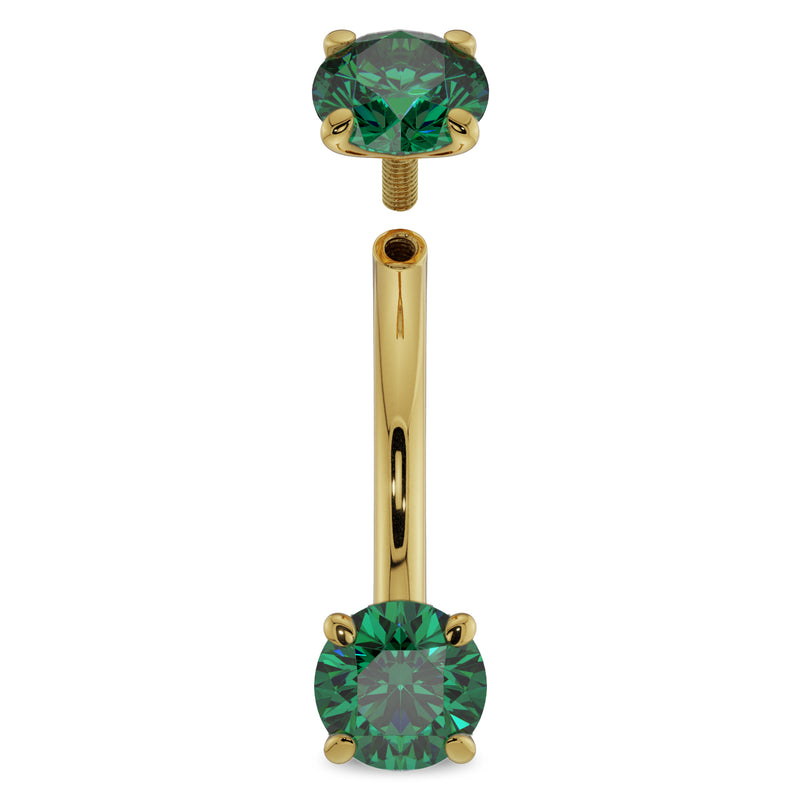 14K yellow gold 14G emerald curved barbell disassembled showing threaded post and removable top