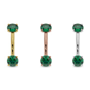Emerald prong-set curved barbell in all three metal options: 14k yellow, rose, and white gold side by side
