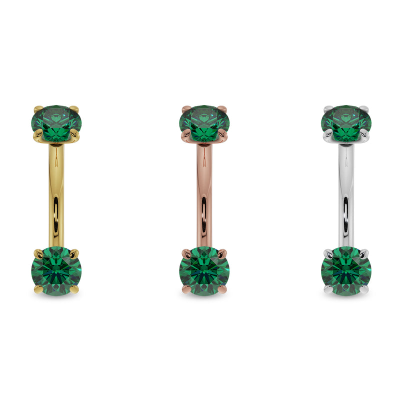 Emerald prong-set curved barbell in all three metal options: 14k yellow, rose, and white gold side by side