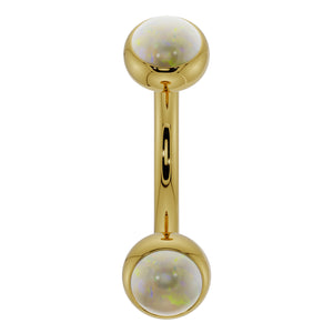 14k yellow gold opal bezel-set curved barbell with dual iridescent opal ends, front view