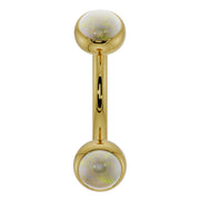 14k yellow gold 14G opal bezel curved barbell with larger 3mm opals, angled front view