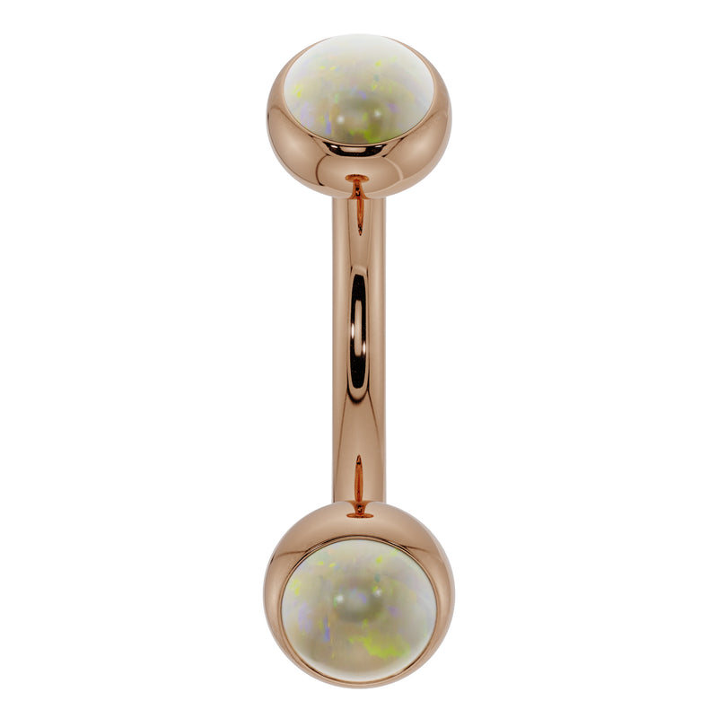 14k rose gold opal bezel-set curved barbell with dual iridescent opal cabochons, front view