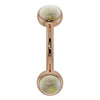 14k rose gold 14G opal bezel curved barbell with 3mm iridescent opal ends, front view