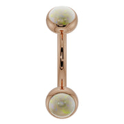 14k rose gold 14G opal bezel curved barbell with 3mm iridescent opal ends, front view