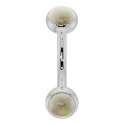 14k white gold opal bezel-set curved barbell with dual iridescent opal ends, front view
