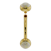 14k yellow gold 14G curved barbell with larger 3mm bezel-set opal ends and top ball detached