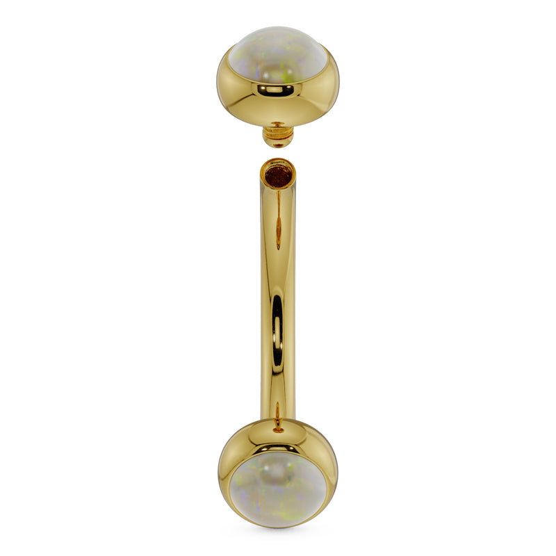 14k yellow gold 14G curved barbell with larger 3mm bezel-set opal ends and top ball detached