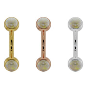 14G opal bezel curved barbell side-by-side in 14k yellow, rose, and white gold with 3mm opal ends