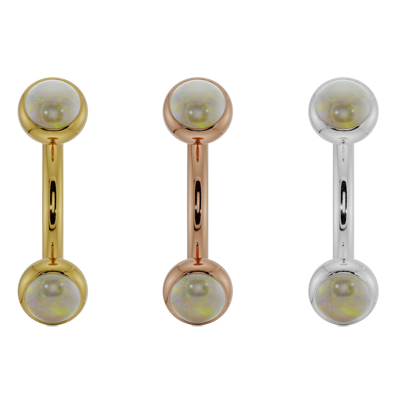 14G opal bezel curved barbell side-by-side in 14k yellow, rose, and white gold with 3mm opal ends